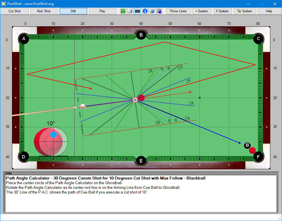 Path Angle Calculator - 30 Degrees Carom Shot for 10 Degrees Cut Shot with Max Follow - Blackball